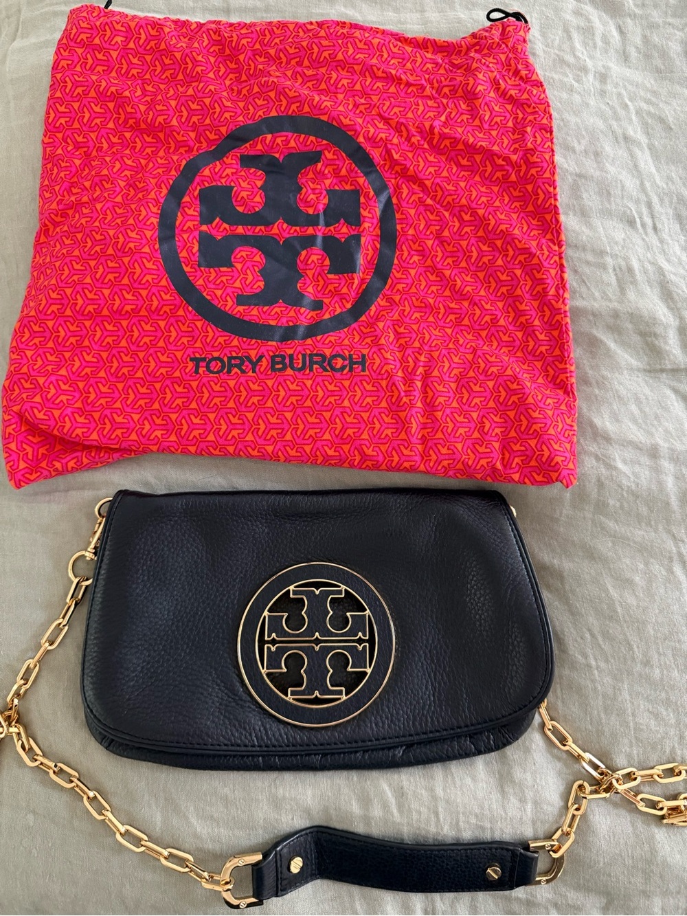 Tory Burch Black Leather Crossbody with Gold Logo Chain